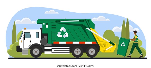 Man and garbage truck concept. Trash recycling and reuse. Caring for environment, nature and ecology, reducing release of hazardous waste. Sustainable liestyle. Cartoon flat vector illustration