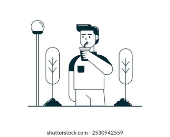 Man in the garden drinking iced coffee, enjoying the scenery. Character design. Vector flat illustration