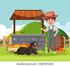Un hombre con tenedor de jardín tiende a un paisaje agrícola mientras un perro se sienta cerca