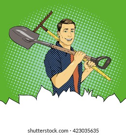 Man with garden tools. Vector illustration in retro comic pop art style. 