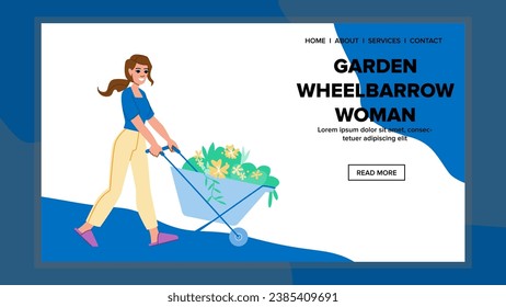 vectorial de mujer de carretilla de jardín masculino. trabajo al aire libre, granja de ing, agricultura hombre orgánico jardín de ruedas mujer web plana ilustración de caricatura