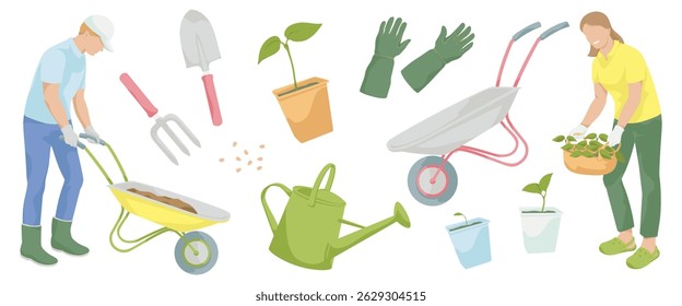 man with garden wheelbarrow, women with plants, gardening tools - protective gloves, wheelbarrow, watering can, Hand garden trowel, Hand garden fork