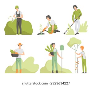 Man Garden Worker Shearing Bush with Pruner, Harvesting, Planting and Cultivating Soil Vector Set