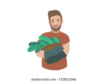 Man gardener character flat vector illustration. Man with beard gardener with the plants in his hands.