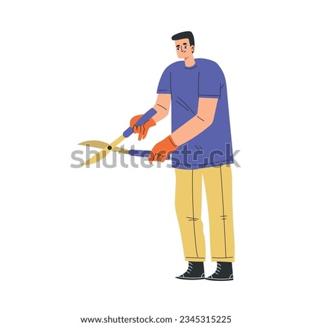 Man Gardener Character Standing with Pruner or Scissors Vector Illustration