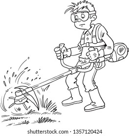 Man gardener cutting grass with string lawn trimmer.