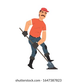 Man Gardener Digging with Shovel, Male Farmer Character Working at Garden or Farm Vector Illustration