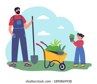 Man gardener with equipment and a pot with greenery working flat vector illustration.Young man with microgreen.Pleasant active rest in the garden.Plants cultivating and nursery,garden maintenance.