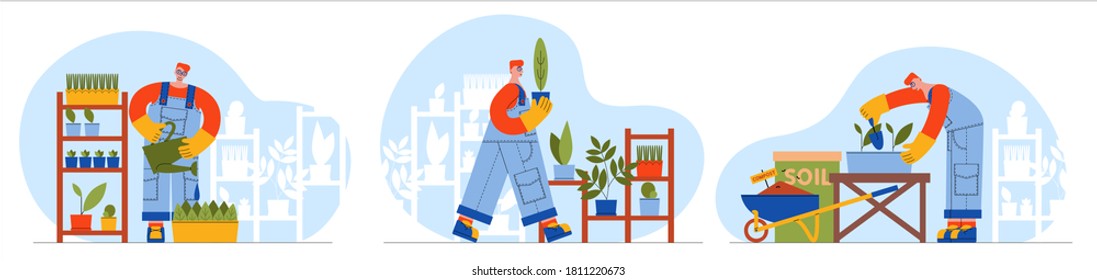 Man gardener growing plants in greenhouse. Home garden in the apartment or on the balcony. Vector flat illustration set