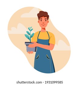 A man Of Gardener. Man holding flowers, flower pot and plant.Spring Gardening.  Young Farmer engaged in gardening. 