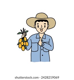 A man Gardener holding Marian Plum, Mayong Chid fruit, hand drawn style vector illustration.