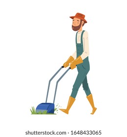 Man Gardener Mowing Lawn, Cheerful Male Farmer Character in veralls Working at Garden or Farm Vector Illustration