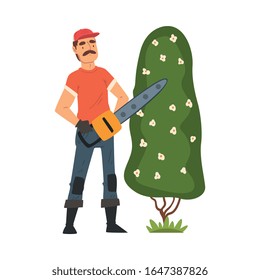 Man Gardener Shearing Bush with Saw, Male Farmer Character Working at Garden or Farm Vector Illustration