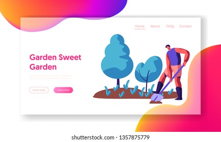 Man Gardener with Shovel or Spade Dig Land in Garden Landing Page. Male Character Dig Plant Outdoor with Planting Tool. Male in Boot Work Website or Web Page. Flat Cartoon Vector Illustration