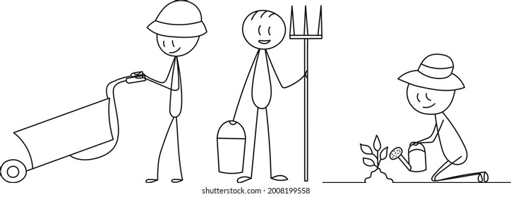 man gardener stick figure, isolated, vector