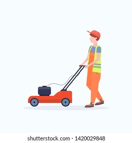 man gardener in uniform cutting grass with lawn mower gardening concept flat full length white background