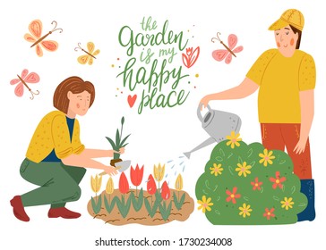 Man gardener watering plants. Man holds a watering can. Woman is planting flowers. People work in the garden. Happy family gardening. Flat cartoon vector illustration. Garden work. Lettering.