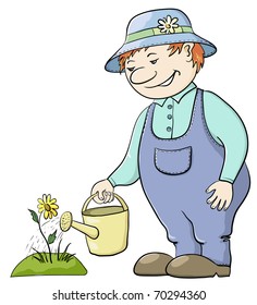 Man gardener waters a bed with a flower from a watering can, vector