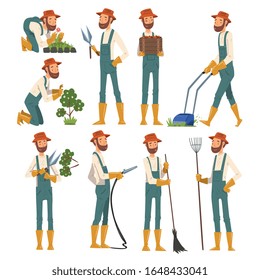 Man Gardener Working in the Garden or Farm, Cheerful Male Farmer Character in veralls Vector Illustration