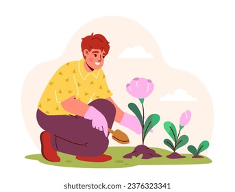 Man gardening concept. Young guy with shovel near pink plants and flowers. Agriculture and horticulture, botany. Poster or banner. Cartoon flat vector illustration isolated on white background