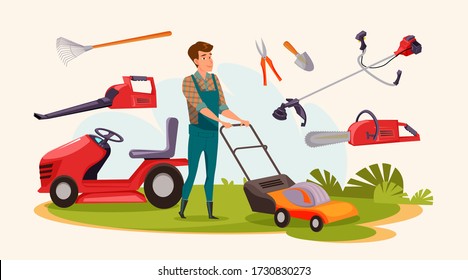 Hombre con equipamiento de jardinería ilustración vectorial. Se siembran césped y se recortan las plantas. Trabajador del servicio paisajístico, personaje de caricatura de jardinería. Chainsaw, soplador de hojas, rastrillo, secateurs y cuchara