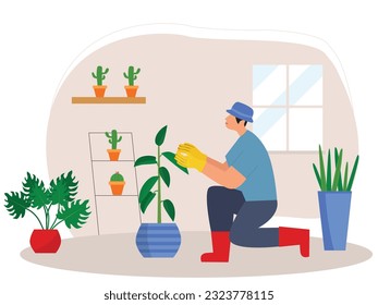 Man gardening living room interior with tools, gloves, hat, boots with lots of plants. Design vector. Flat illustration