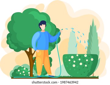 Man gardening plant, planting flowers, watering flower bed from hose, agriculture gardener hobby and garden job in backyard. Gardening male person takes care of young plantings in spring in yard