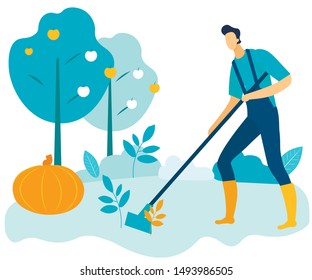 Man with Gardening Tool in Hands Weed Garden. Vector Illustration. Natural Products. Man Clining Garden. Harvest. Grow Fruits. Farm Business. Working at Farm in Village. Summer Season.