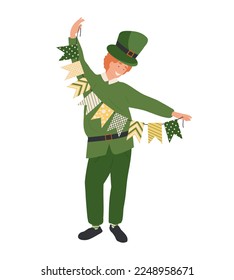 Man with garland for Saint Patrick's Day party, cartoon illustration of people, characters Festive Costumes celebrating party, parade. 
