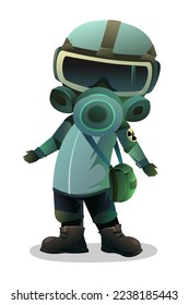 Man in gas mask doubts not knowing. Character in chemical protection against radioactive dust. Cartoon person post-apocalypse. Radiation and behavior. Isolated on white background. Vector.