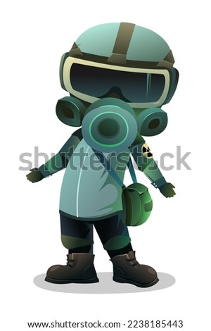 Man in gas mask doubts not knowing. Character in chemical protection against radioactive dust. Cartoon person post-apocalypse. Radiation and behavior. Isolated on white background. Vector.