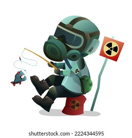 Man in gas mask fishing in prohibited place. Character in chemical protection against radioactive dust. Cartoon person post-apocalypse. Radiation and behavior. Isolated on white background. Vector.