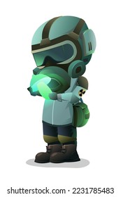 Man in gas mask found radiation luminous mushroom. Character chemical protection against radioactive dust. Cartoon person post-apocalypse. Radiation and behavior. Isolated on white background. Vector