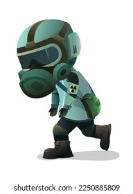 Man in gas mask goes sad. Character in chemical protection against radioactive dust. Cartoon person post-apocalypse. Radiation and behavior. Isolated on white background. Vector.