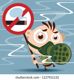 Man with gas mask holding no smoking sign