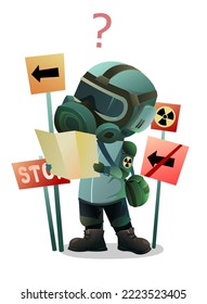 Man in gas mask looking for way among prohibition signs. Character in chemical protection against radioactive dust. Cartoon person post-apocalypse. Radiation and behavior. Vector.