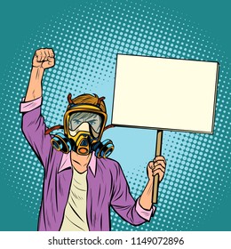 A man in a gas mask protesting against polluted air. Environmental ecology. Pop art retro vector illustration vintage kitsch drawing