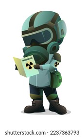 Man in gas mask reads radiation instruction. Character in chemical protection against radioactive dust. Cartoon person post-apocalypse. Radiation and behavior. Isolated on white background. Vector.