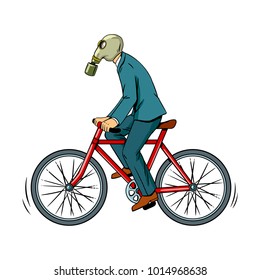 Man in gas mask rides bicycle pop art retro vector illustration. Isolated image on white background. Comic book style imitation.