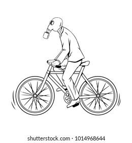 Man in gas mask rides bicycle coloring vector illustration. Isolated image on white background. Comic book style imitation.