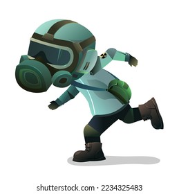 Man in gas mask running fast. Character in chemical protection against radioactive dust. Cartoon person post-apocalypse. Radiation and behavior. Isolated on white background. Vector