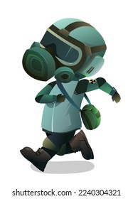 Man in gas mask running and looking. Character in chemical protection against radioactive dust. Cartoon person post-apocalypse. Radiation and behavior. Isolated on white background. Vector.