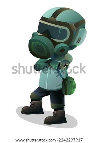 Man in gas mask standing and looking. Character in chemical protection against radioactive dust. Cartoon person post-apocalypse. Radiation and behavior. Isolated on white background. Vector