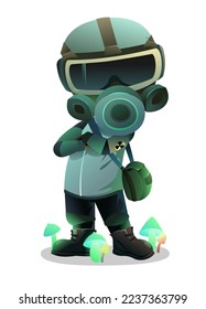 Man in gas mask stands among radiation glowing mushrooms. Character in chemical protection against radioactive dust. Cartoon person post-apocalypse. Radiation and behavior. Isolated on white