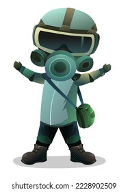 Man in gas mask stands and enjoys. Character in chemical protection against radioactive dust. Cartoon person post-apocalypse. Radiation and behavior. Isolated on white background. Vector