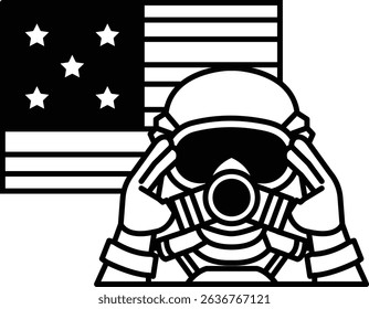 A man in a gas mask is staring at the American flag. The man is wearing a gas mask and is looking at the flag with a serious expression on his face