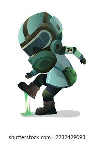 Man in gas mask stepped on suspicious substance dirt. Character in chemical protection against radioactive dust. Cartoon person post-apocalypse. Radiation and behavior. Isolated on background. Vector