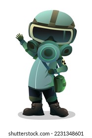 Man in gas mask welcomes. Character in chemical protection against radioactive dust. Cartoon person post-apocalypse. Radiation and behavior. Isolated on white background. Vector