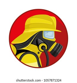 Man in gas mask and yellow helmet.