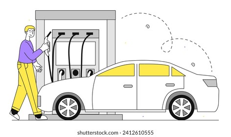 Hombre en el concepto lineal de la gasolinera. Hombre joven reabasteciendo el auto. El conductor compra gasolina para su transporte. Carácter con pistola cerca del tanque de gas. Ilustración del vector plano Doodle aislada en fondo blanco